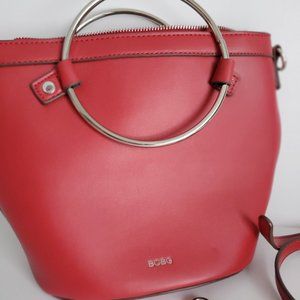 NEW BCBG Red Bucket Crossbody Handbag Round Silver Metal Handles Minimalist Boho